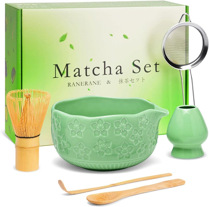 RANERANE Matcha Whisk Set, Sakura Cyan Ceramic Matcha Set Includes Matcha Bowl, Matcha Whisk (Chasen) and Holder, Sifter, Bamboo Scoop & Spoon - 6 Pcs Matcha Kit for Matcha Lovers - Image 1